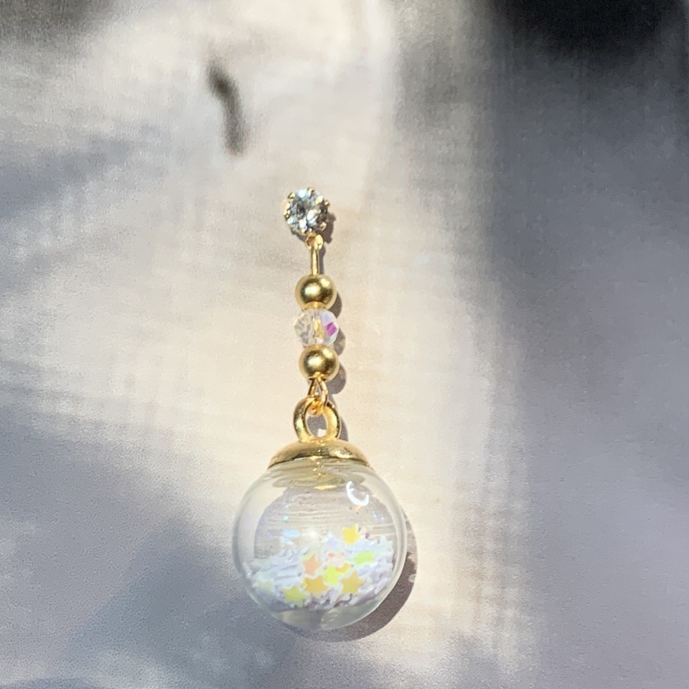 Hand Crafted Glass Ball White Stars and Gold Tone Bead Drop Dangling Earrings